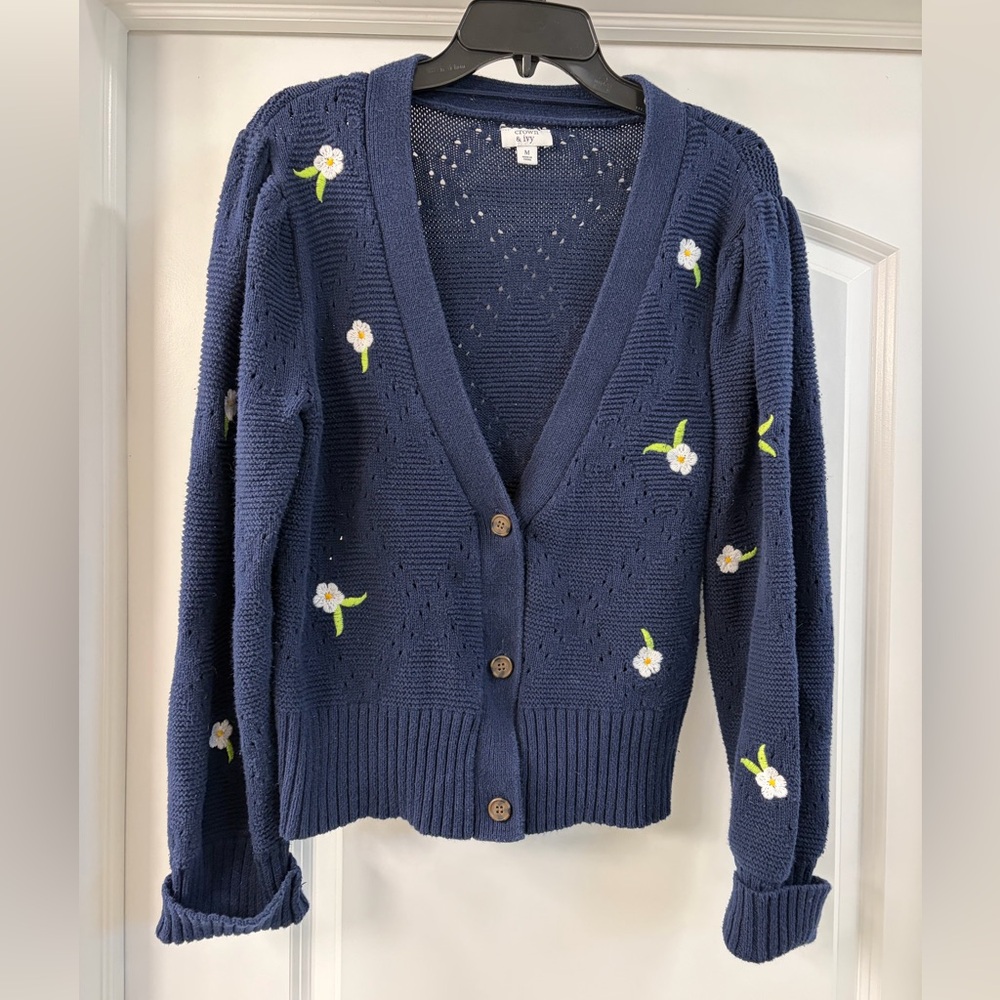 Crown & Ivy Navy Floral  Embroidered 
Cardigan Blue- Cottage/ Grandma Core SZ M